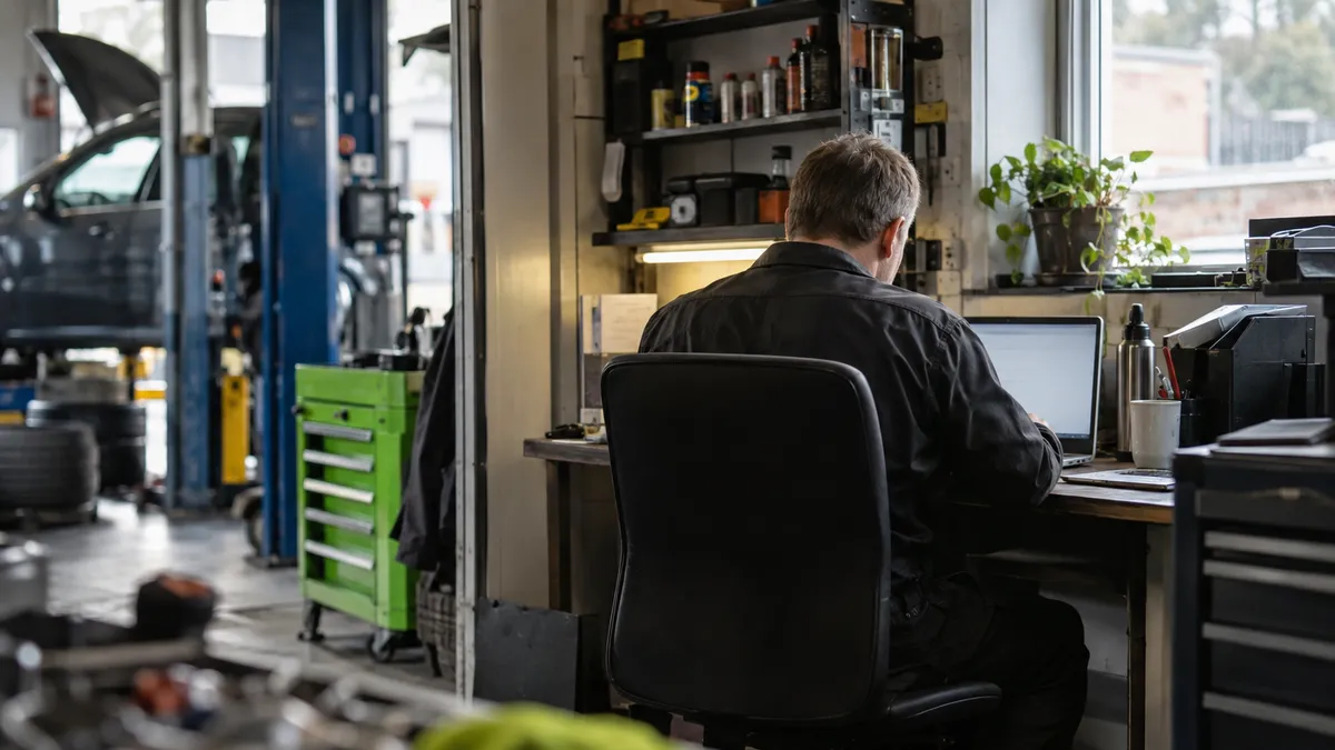 A garage owner checks a laptop in a workshop office with tools on shelves and the screen facing away from the camera.