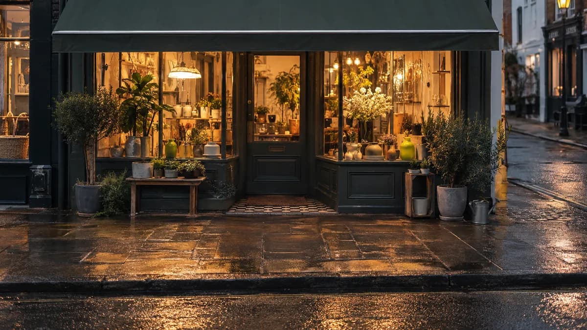 A small high street shopfront at dusk with warm light inside and an empty pavement.