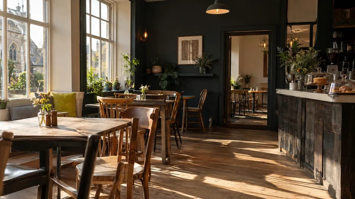 A quiet cafe in the afternoon with empty tables and sunlight across the floor.