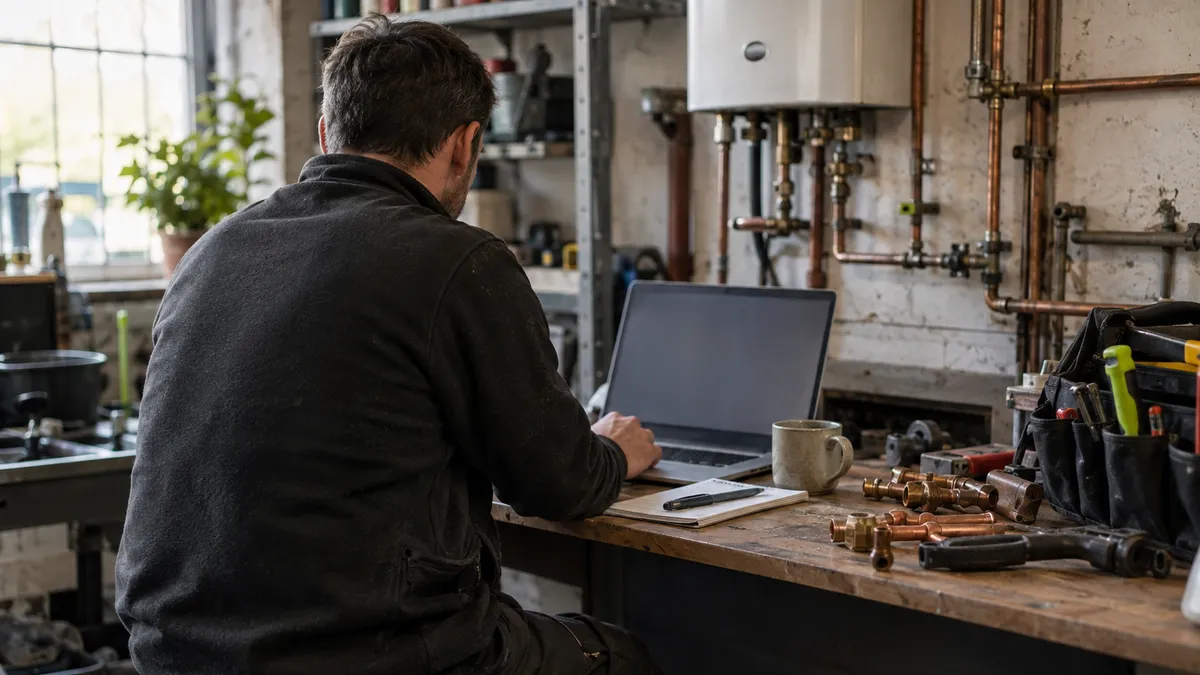 A plumbing business owner sits at a workshop desk beside tools and an open laptop with its screen facing away from the camera.