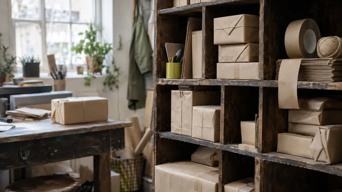 Unlabelled kraft parcels sit in a worn wooden sorting cabinet beside paper packing tape in an independent shop's back room.