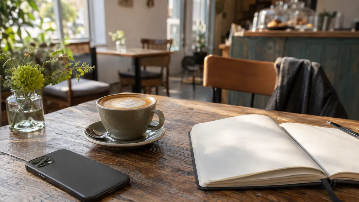 A phone lying face down on a cafe table beside a flat white and an open notebook.